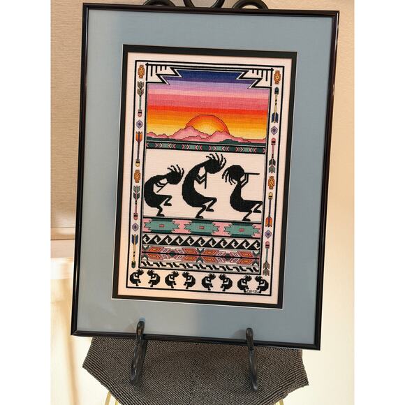 Framed Southwestern Kokopelli Cross-Stitch Art – Sunset Desert Scene (2005) - Picture 4 of 9